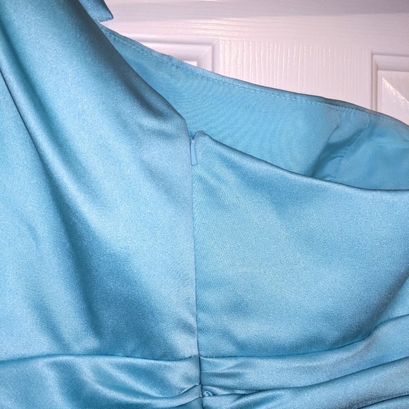 Davids Bridal OneShoulder Ocean Blue Satin Dress - Picture 2 of 4